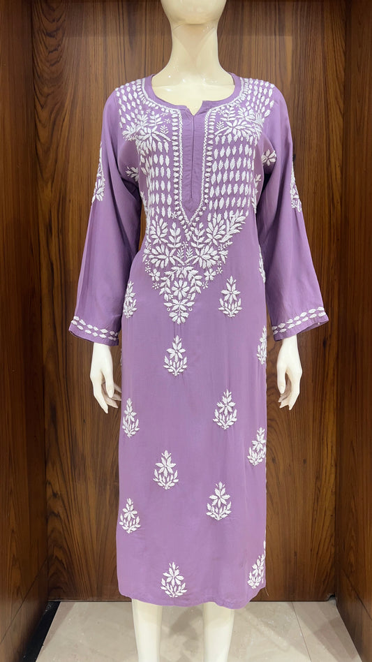 Lavender White Thread Embroidered Straight Kurta