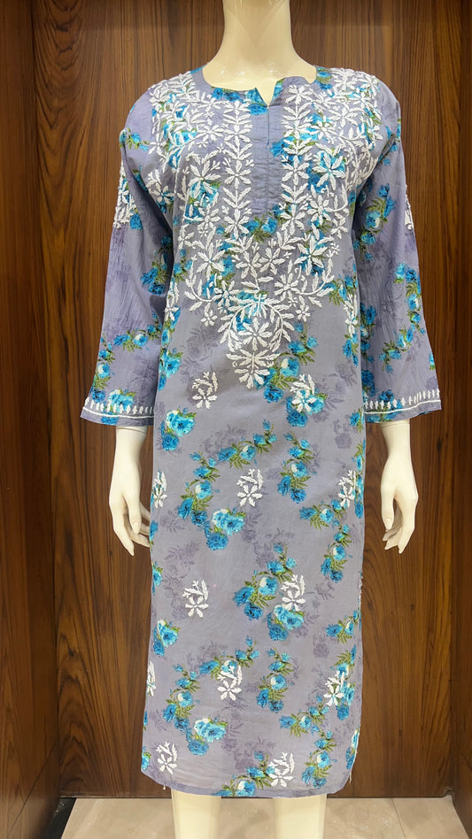 Grey Floral Print Kurta with White Thread Embroidery