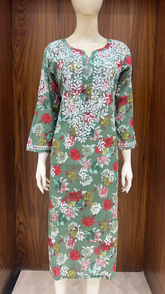 Olive Green Floral Print Kurta with White Embroidered Yoke