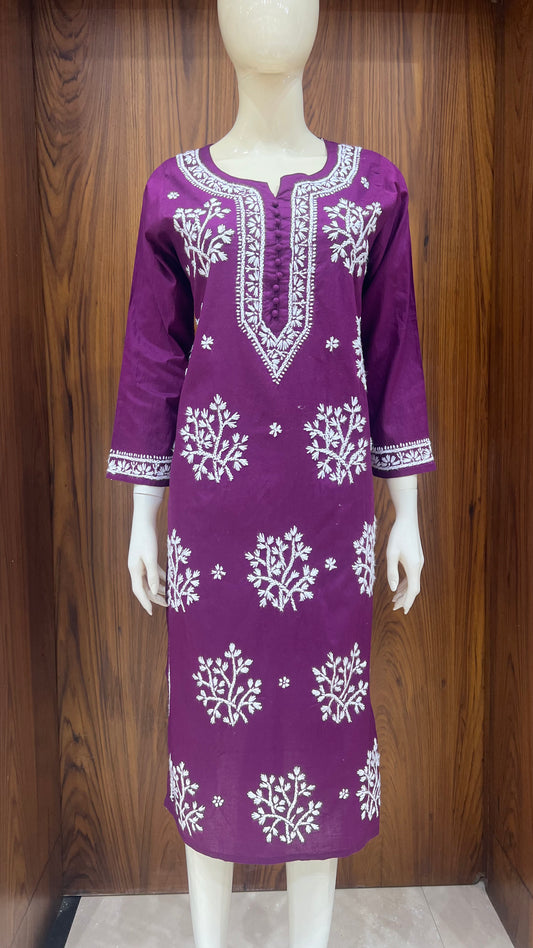 Royal Purple Kurta with Intricate White Floral Embroidery