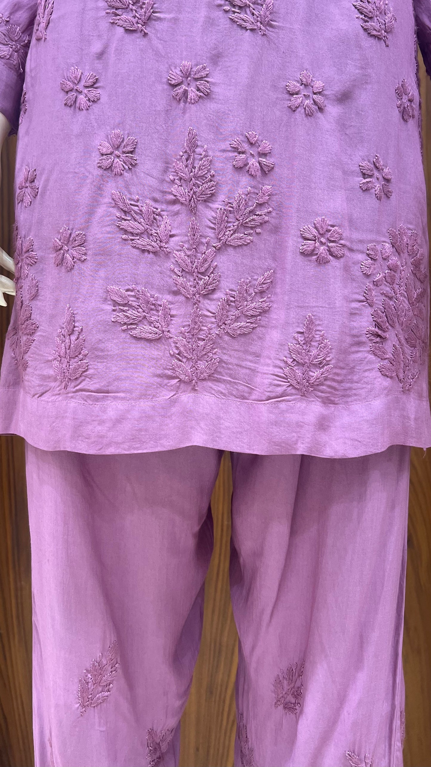 Mauve Self-Embroidered Kurta Set with Floral Detailing