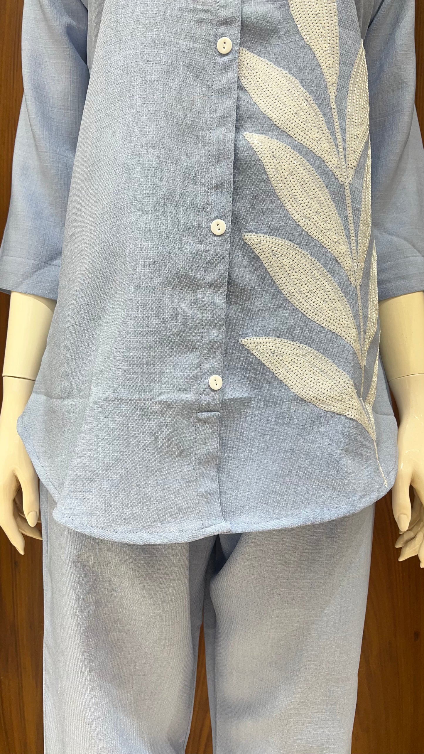 "Azure Fern" - Embroidered Linen Co-ord Set