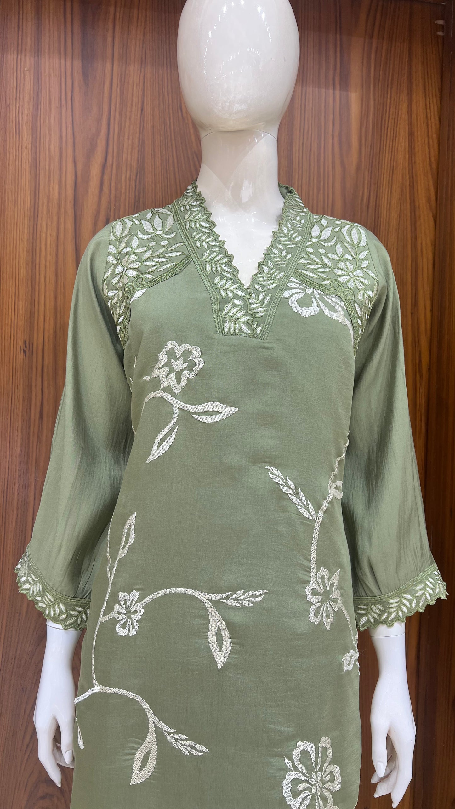 "Olive Grove" - Floral Vine Embroidered Kurta Set