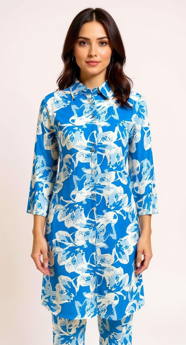 "Azure Brushstrokes" - Printed Long kurti