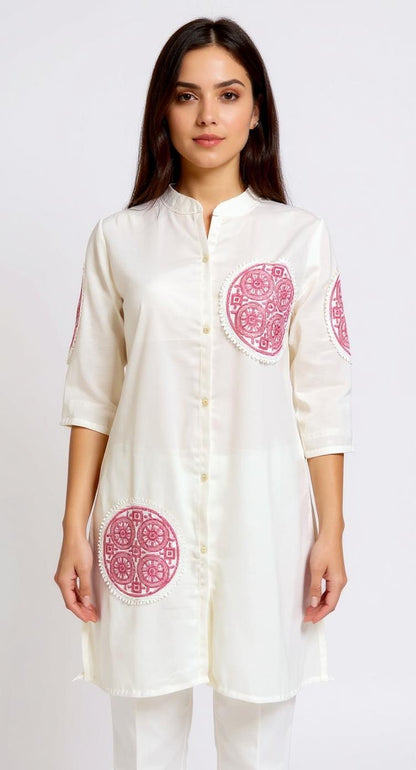 Off-White Straight Kurti with Pink Circular Embroidery and Mandarin Collar