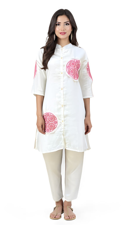 Off-White Straight Kurti with Pink Circular Embroidery and Mandarin Collar