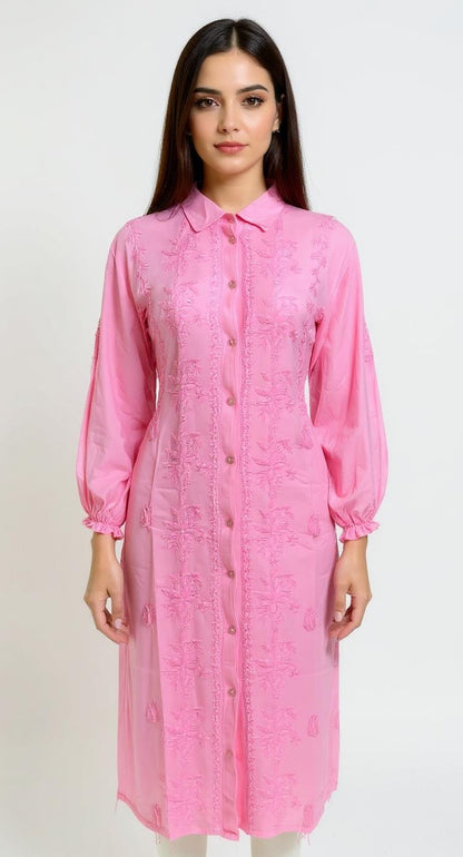 Baby Pink Shirt-Style Embroidered Kurta