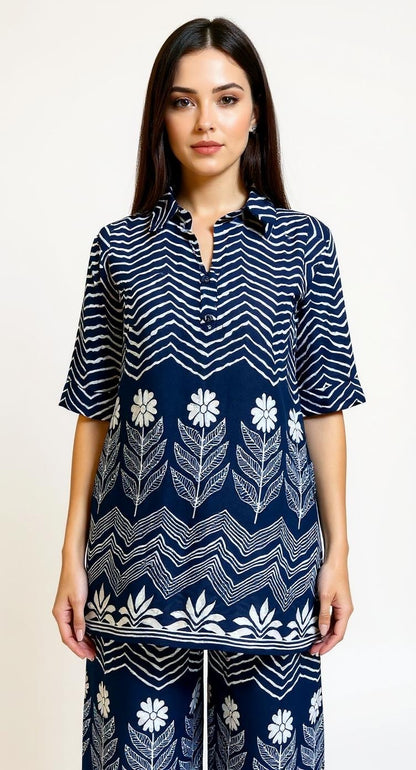 Navy Blue Handblock-Style Printed Kurta Set with Floral and Chevron Motifs