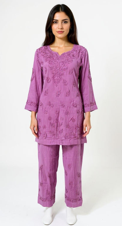 Mauve Self-Embroidered Kurta Set with Floral Detailing