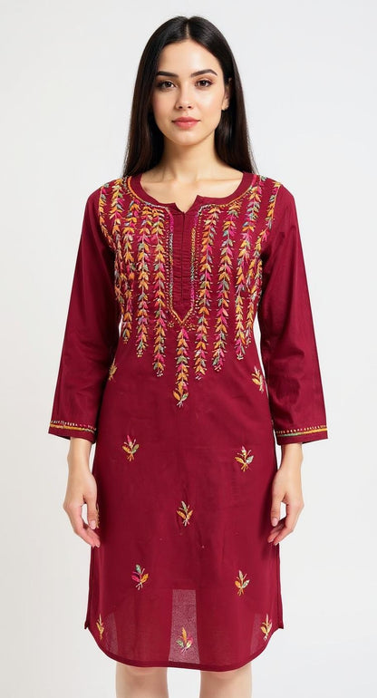 Maroon Multi-Thread Embroidered Straight Kurta