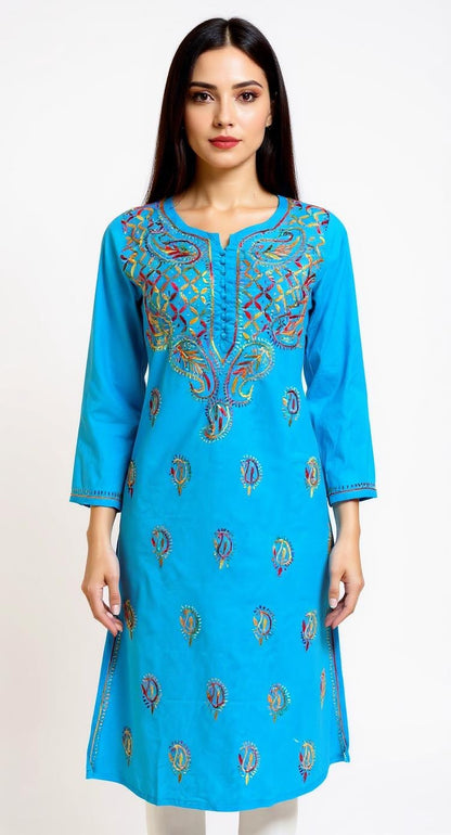 Bright Blue Paisley Motif Embroidered Kurta