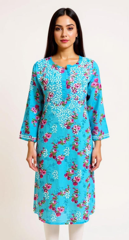 Sky Blue Floral Print Kurta with White Thread Work