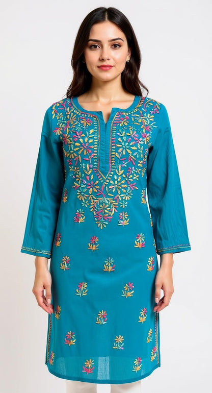 Teal Green Multicolor Thread Embroidered Kurta