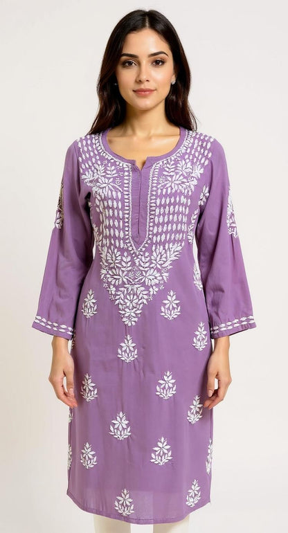 Lavender White Thread Embroidered Straight Kurta