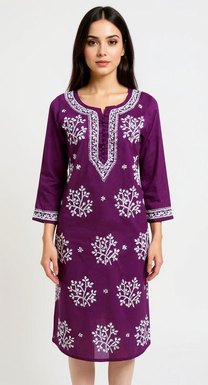 Royal Purple Kurta with Intricate White Floral Embroidery