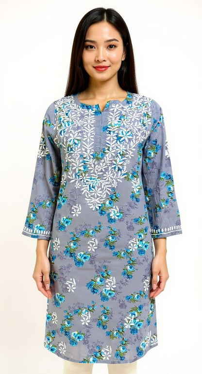 Grey Floral Print Kurta with White Thread Embroidery