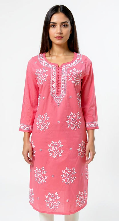 Peach Pink Kurta with Elegant White Thread Embroidery