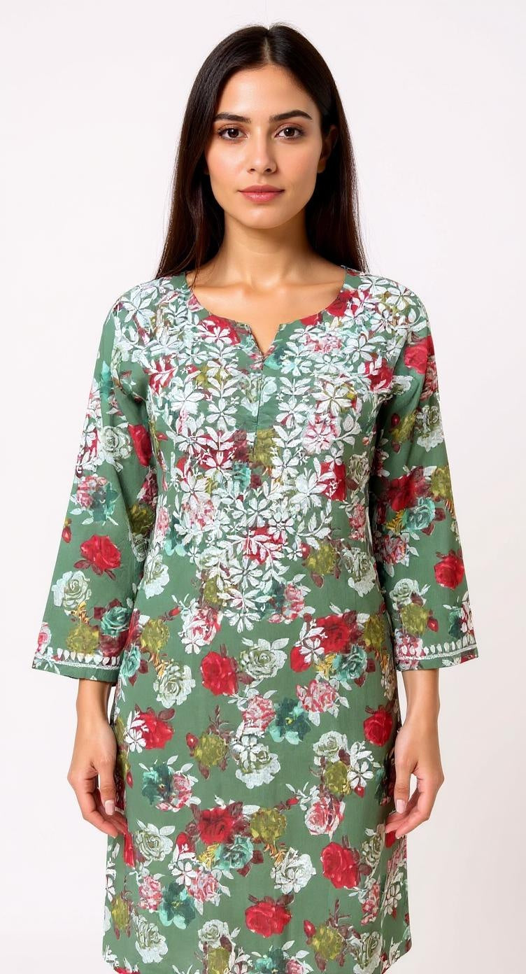 Olive Green Floral Print Kurta with White Embroidered Yoke