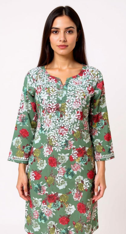 Olive Green Floral Print Kurta with White Embroidered Yoke
