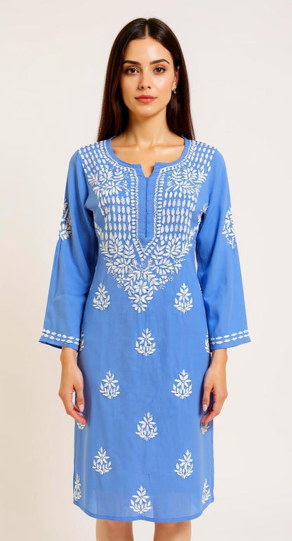 Sky Blue Kurta with Elegant White Floral Embroidery