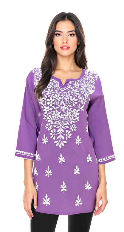 Royal Purple Floral Embroidered Straight Kurti with 3/4th Sleeves