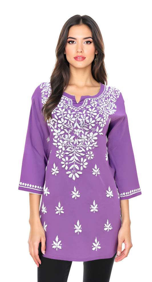 Royal Purple Floral Embroidered Straight Kurti with 3/4th Sleeves
