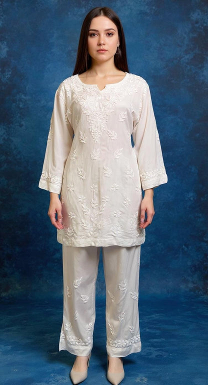 Off-White Self-Embroidered Co-ord Set with Floral Detailing
