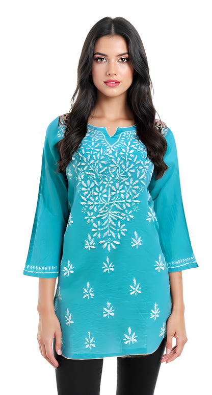 Aque blue Floral Embroidered Straight Kurti with 3/4th Sleeves