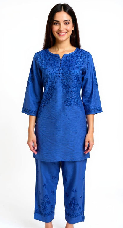 Royal Blue Self-Embroidered Kurta Set with Floral Detailing