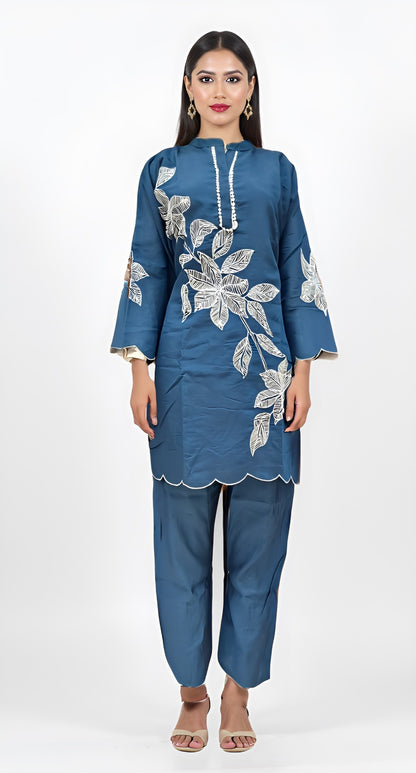 Teal Blue Embroidered Co-ord Set with Scalloped Hem and Leaf Motifs