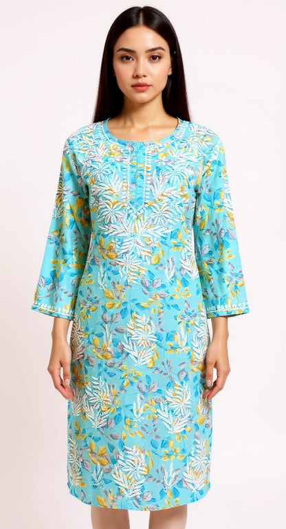 Vibrant Turquoise Floral Kurti with Exquisite Yoke Embroidery