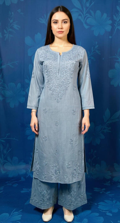 Grey Floral Embroidered Kurta Set