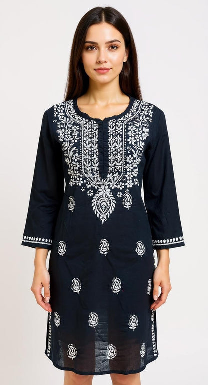 "Classic Noir" - Hand-Embroidered Black Chikankari Kurti