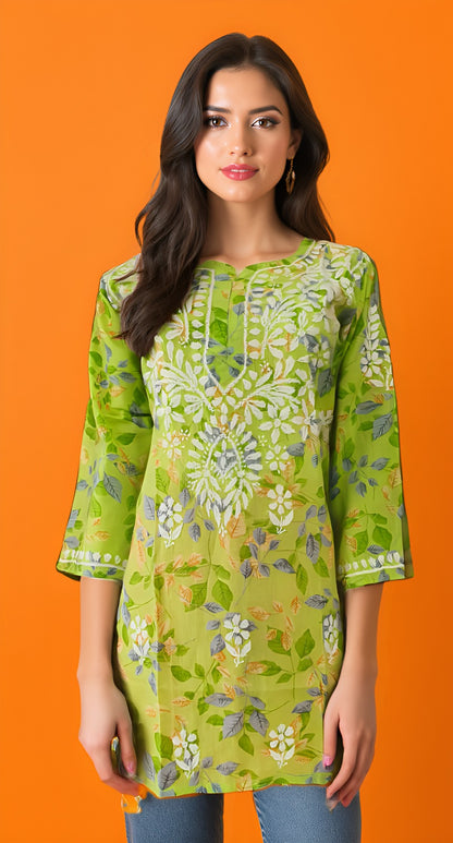 Fresh Green Leaf-Printed Kurti with Embroidered Yoke and 3/4th Sleeves