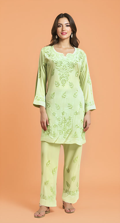 Pastel Green Self-Embroidered Kurta Set with Floral Motifs