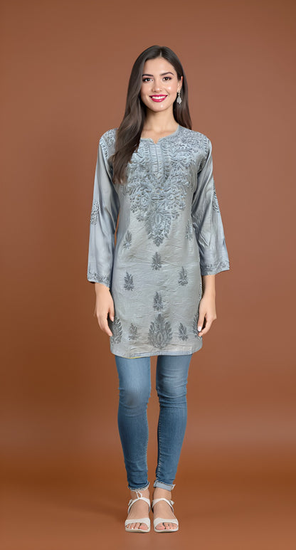 Elegant Grey Tone-on-Tone Self-Embroidered Kurti with Full Sleeves