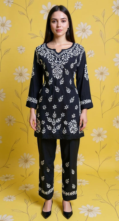 Black Co-ord Set with White Floral Embroidery and Straight Pants