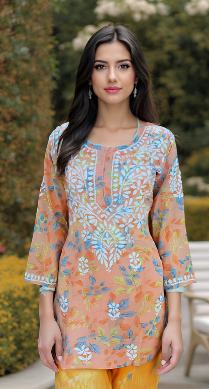 Peach Multi-Color Floral Printed Kurti with Embroidered Yoke and 3/4th Sleeves