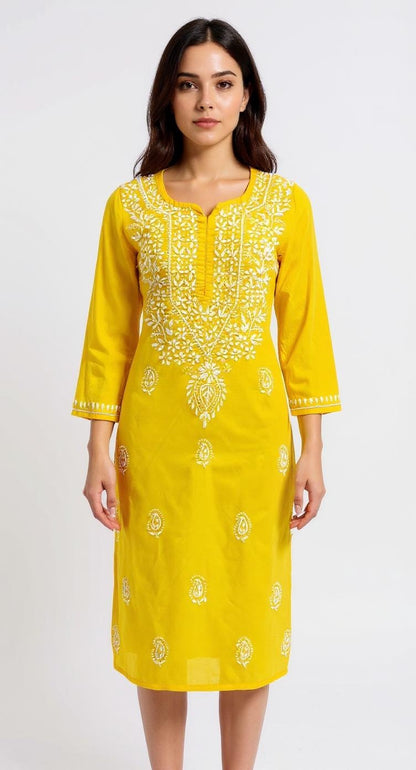 "Marigold Glow" - Hand-Embroidered Yellow Chikankari Kurti