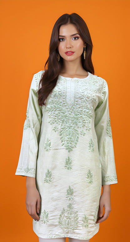 Light Green Self-Embroidered Kurti in Glossy Finish with Full Front Floral Detailing