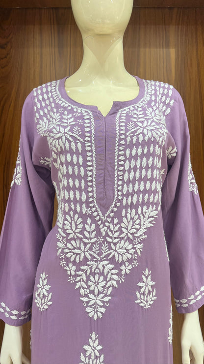 Lavender White Thread Embroidered Straight Kurta