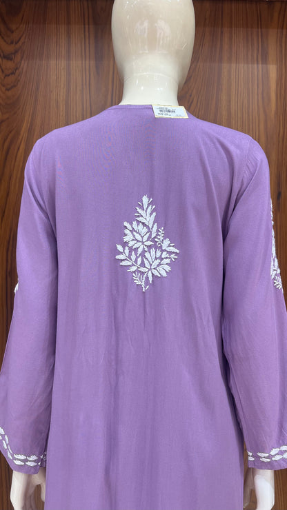 Lavender White Thread Embroidered Straight Kurta