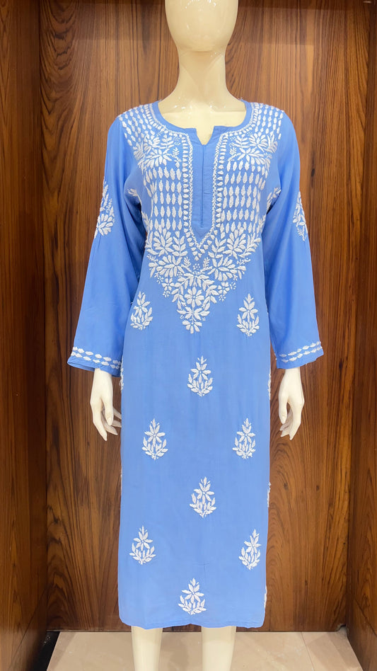 Sky Blue Kurta with Elegant White Floral Embroidery