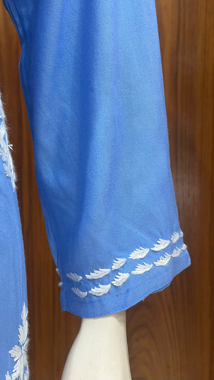 Sky Blue Kurta with Elegant White Floral Embroidery