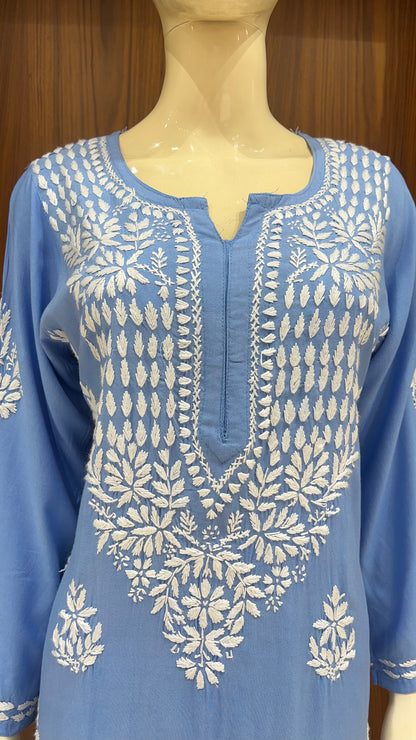 Sky Blue Kurta with Elegant White Floral Embroidery