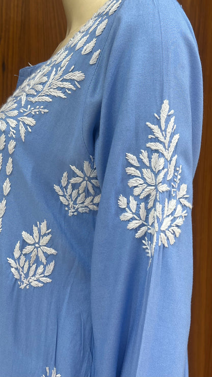 Sky Blue Kurta with Elegant White Floral Embroidery