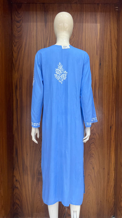 Sky Blue Kurta with Elegant White Floral Embroidery