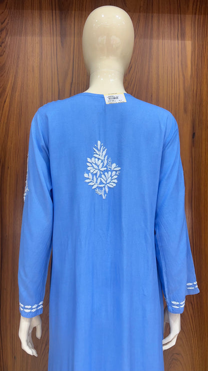 Sky Blue Kurta with Elegant White Floral Embroidery