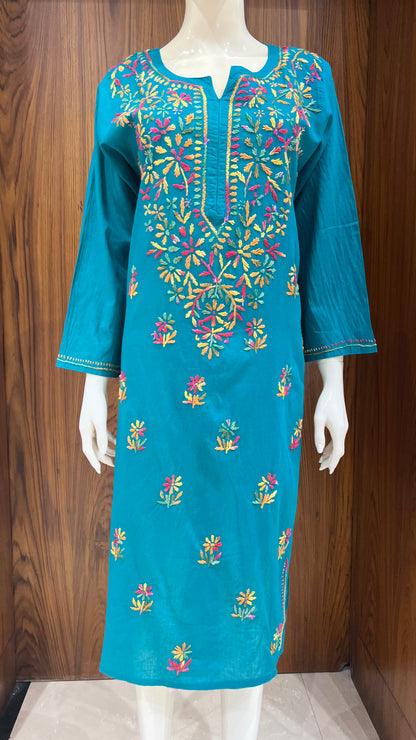 Teal Green Multicolor Thread Embroidered Kurta