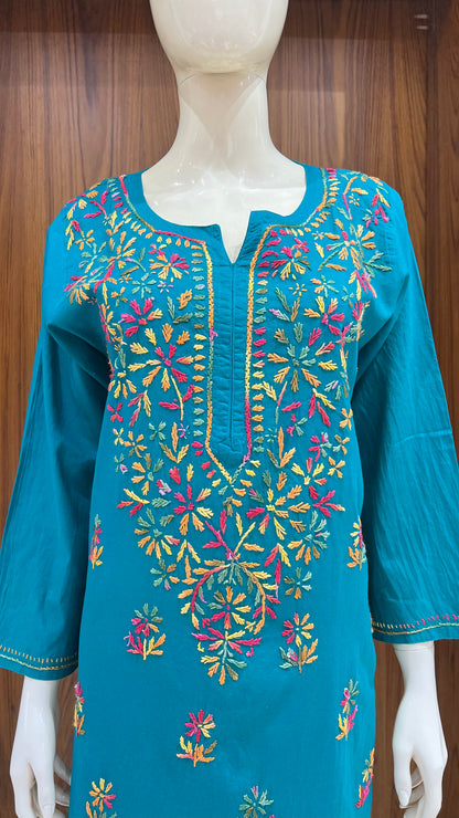 Teal Green Multicolor Thread Embroidered Kurta